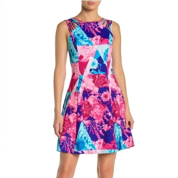 GUESS Colorblock Floral Strappy Fit & Flare Dress Size 10 Purple Pink & Blue - Picture 1 of 11
